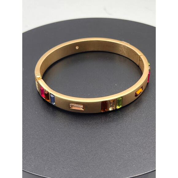 Chico’s Brushed Gold Tone‎ Multicolor Rhinestone Hinged Bangle  Bracelet New - Picture 5 of 12